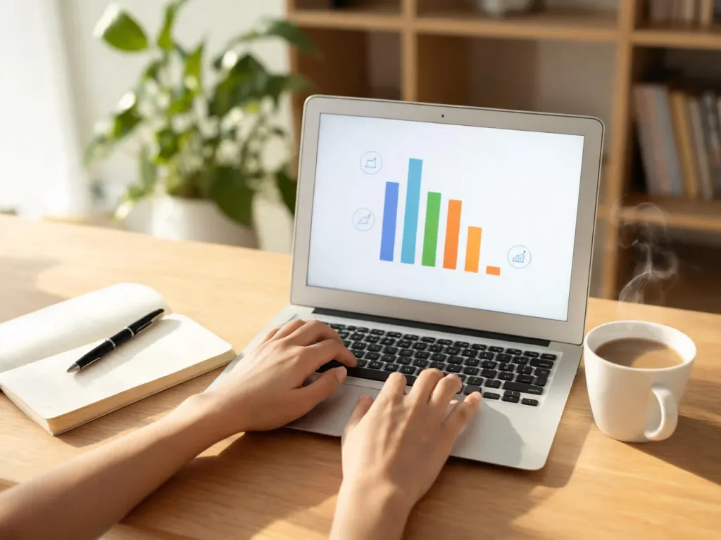 Osoba porównuje oferty ubezpieczeń na życie na laptopie przy biurku, w spokojnym, domowym otoczeniu.