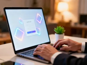 Dłonie spoczywające na klawiaturze nowoczesnego laptopa w profesjonalnym biurze, symbolizujące dostęp do systemu Teta ME.