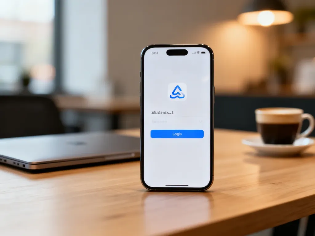 Nowoczesny smartfon z ikoną logowania na ekranie, leżący na biurku w profesjonalnym biurowym otoczeniu.
