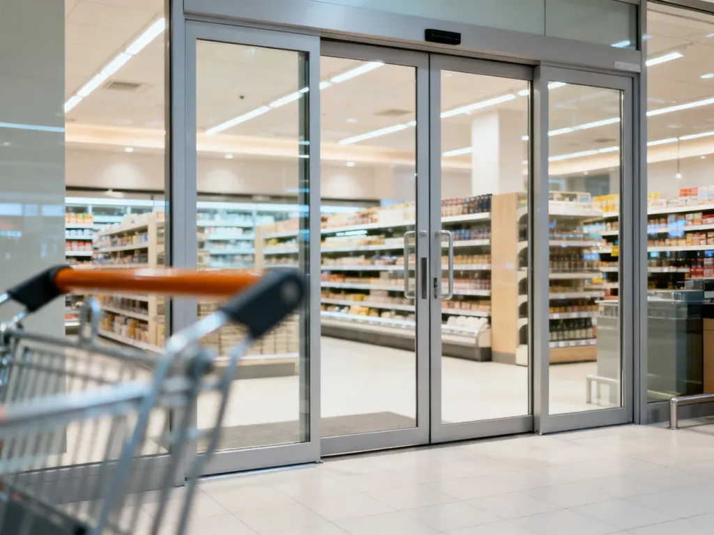 Szklane drzwi wejściowe do nowoczesnego supermarketu Intermarché z widocznym w tle wnętrzem sklepu.