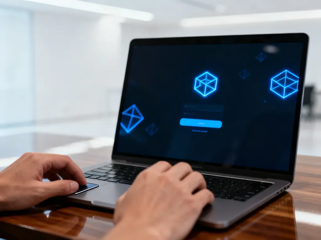 Osoba logująca się do systemu na nowoczesnym laptopie w biurowym otoczeniu.