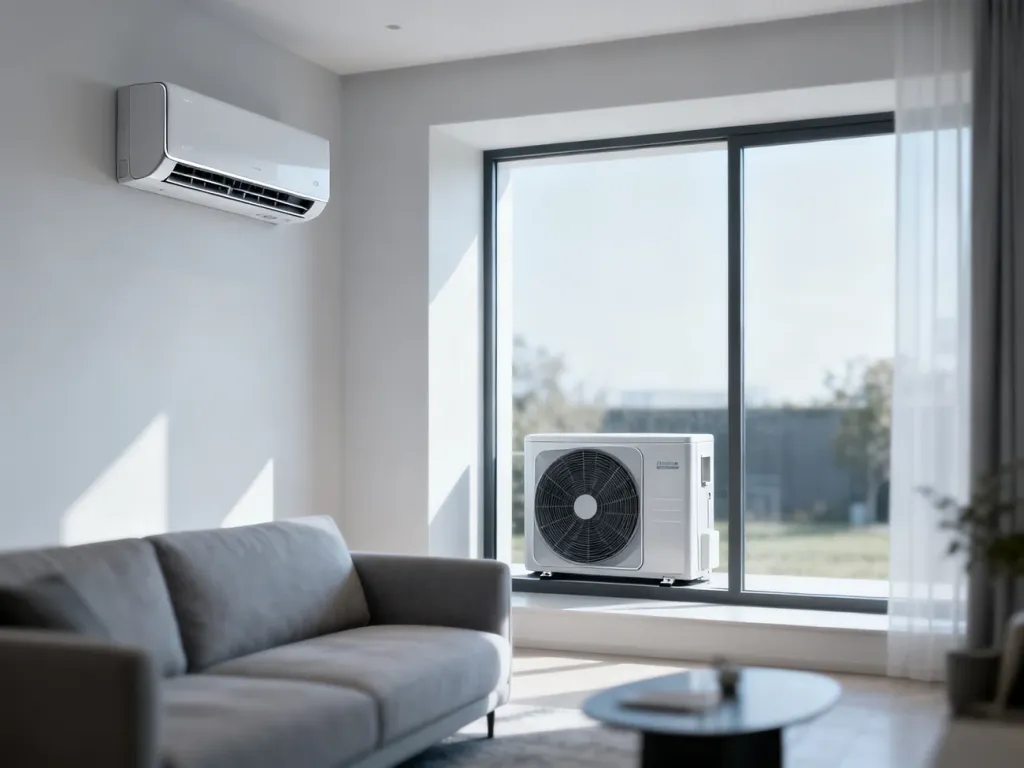 Nowoczesny salon z klimatyzatorem na ścianie i widoczną za oknem pompą ciepła, ilustrujący wybór systemu ogrzewania