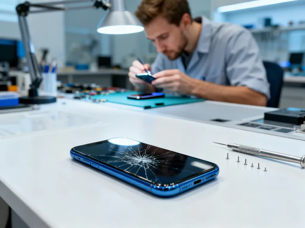 Lekko pęknięty smartfon na biurku serwisowym obok narzędzi, w tle specjalista naprawiający telefon w serwisie w Poznaniu